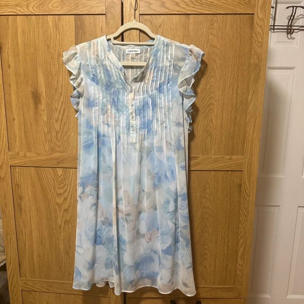 Calvin Klein Women Size 16 Blue Floral Midi Dress Ruffle Sleeve Pintuck